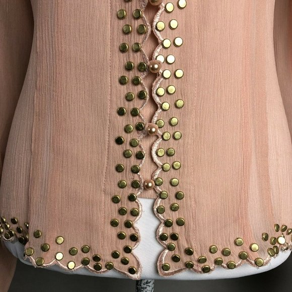 Vintage 80s Silk Blouse Blush Pink Gold Studded Sheer Long Sleeve Lillie Rubin L - Picture 6 of 11